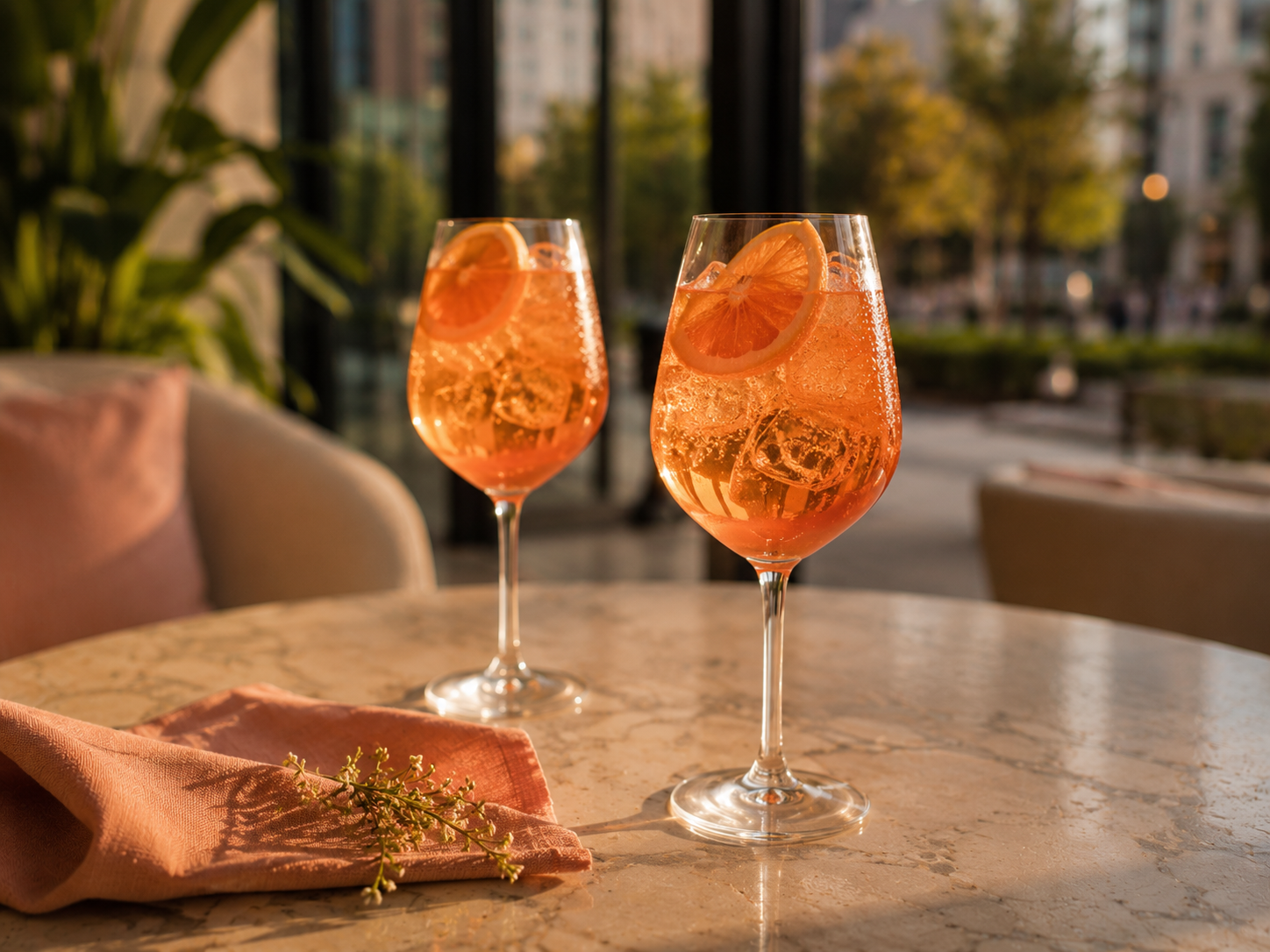 Two coral spritz drinks in golden-hour light at Hula Mula in Downtown Orlando