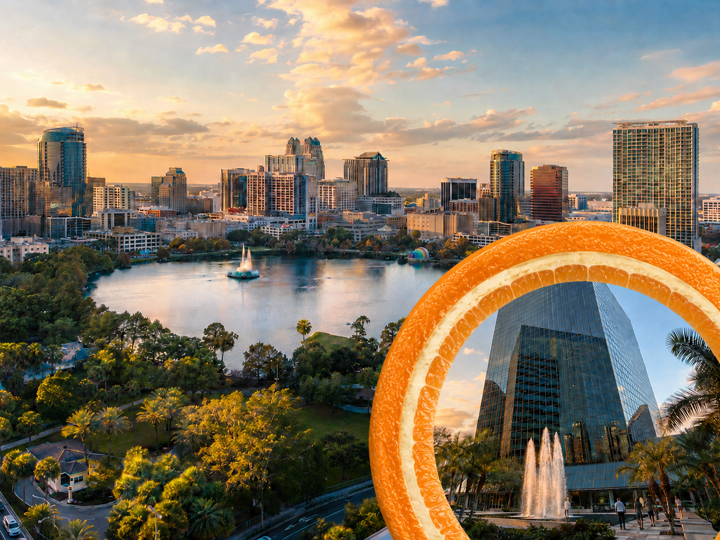 Golden-hour view of Lake Eola and Downtown Orlando with a close-up of Hula Mula’s fountain-side building