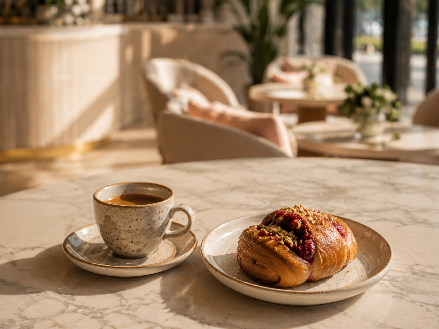 Espresso and raspberry pistachio pastry in warm morning light at Hula Mula