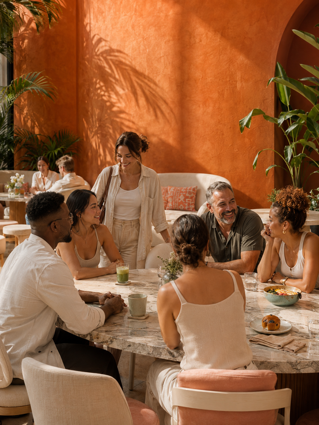 A diverse community sharing coffee and food around a table at Hula Mula in Downtown Orlando