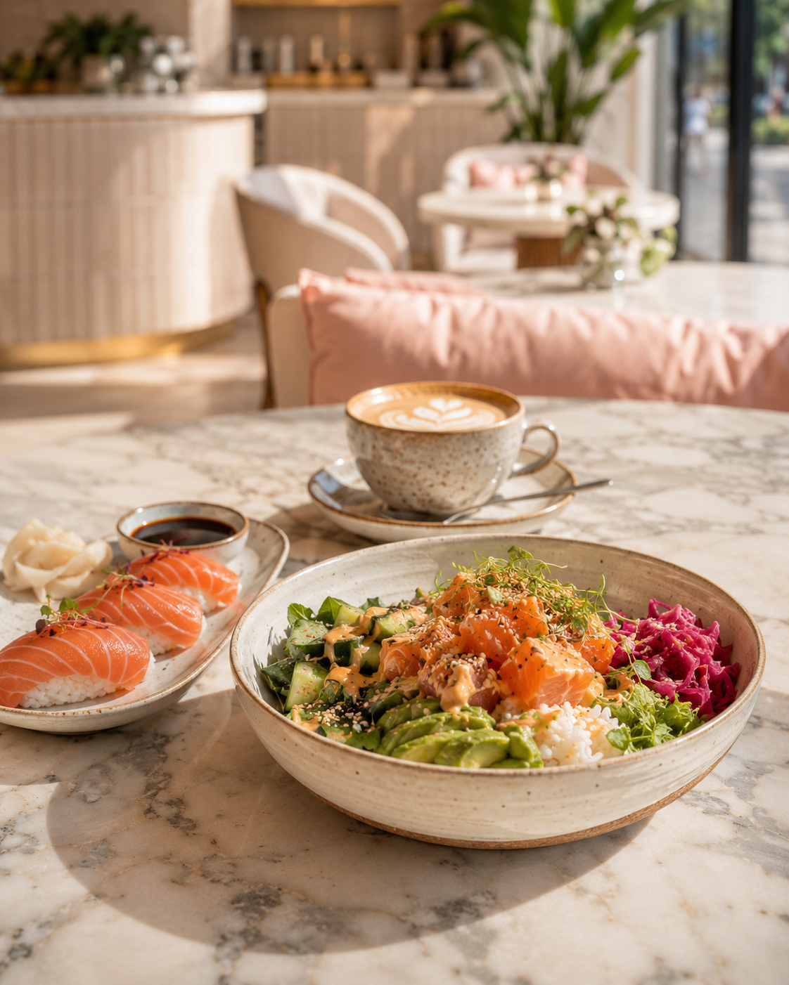 Colorful salmon bowl, fresh sushi and cappuccino at Hula Mula in Downtown Orlando