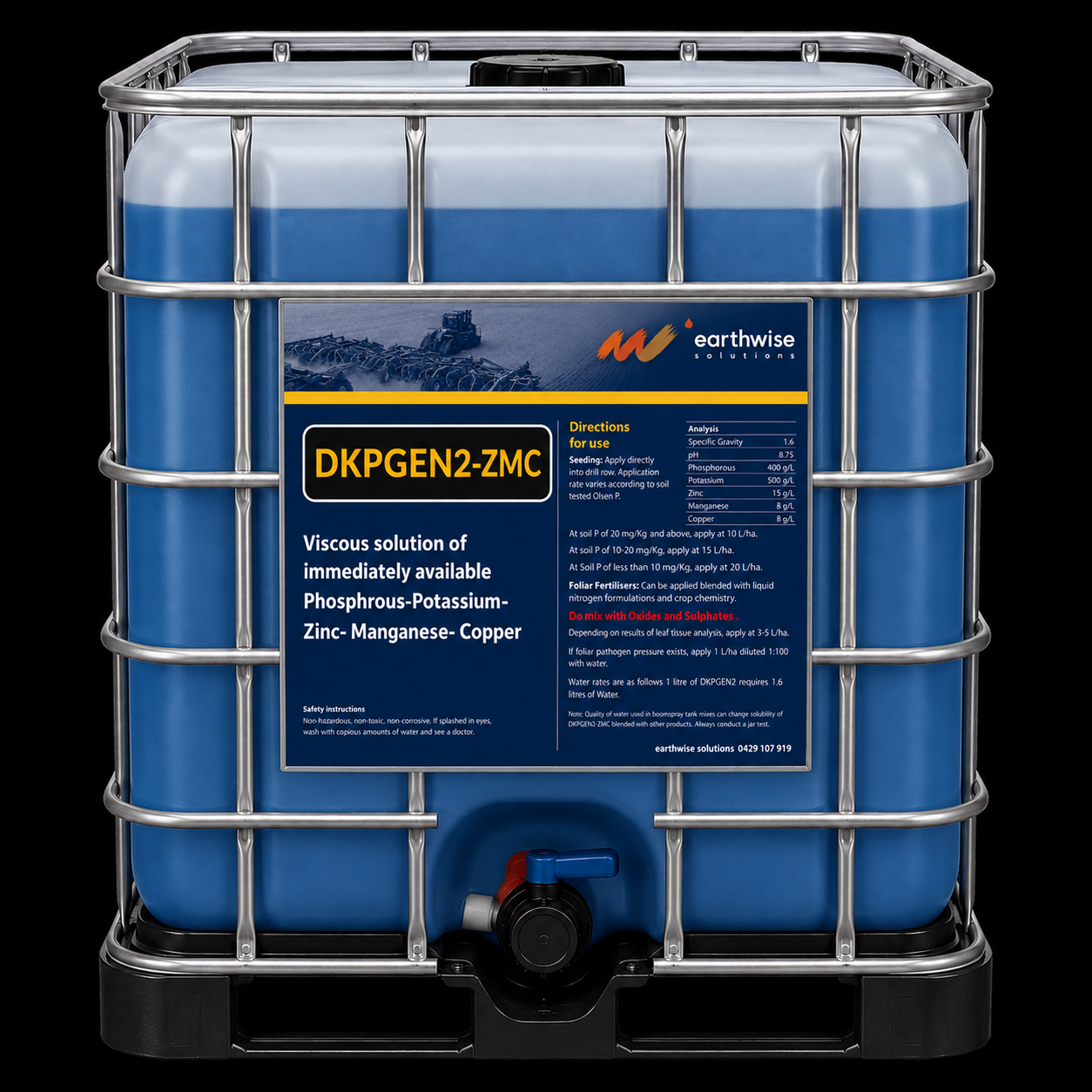Blue container of liquid fertilizer with a black cap and measurement labels, branded 'earthwise solutions,' with a label indicating it's a viscous solution of phosphate, potassium, zinc, manganese, and copper for agricultural use.