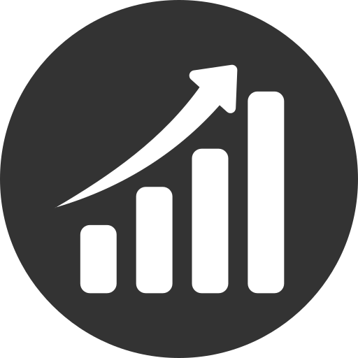 White ascending bar chart with an upward arrow on a gray circular background.