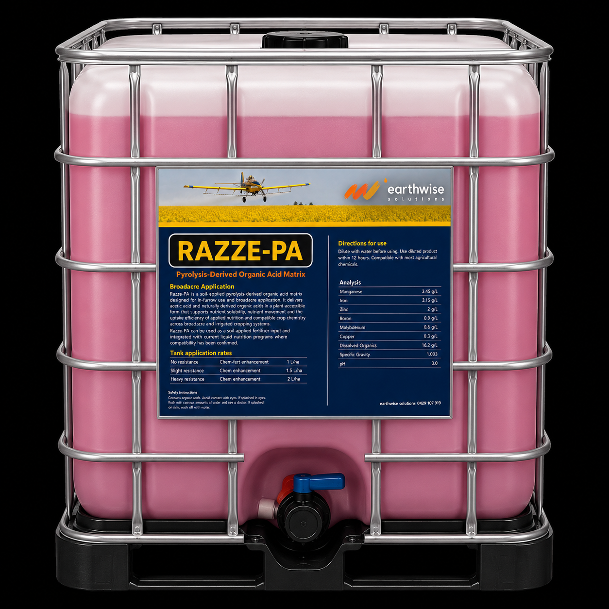 Large pink container with a metal cage and a black valve at the bottom, labeled 'RAZZE-PA' insecticide. The label includes information about application rates, chemical analysis, and safety instructions.