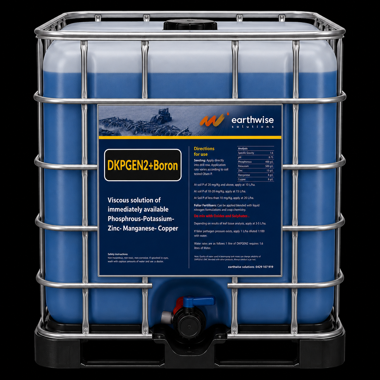 Blue industrial drum container with a label displaying 'DKPGN2+Boron' and instructions for use, supplied by Earthwise Solutions.