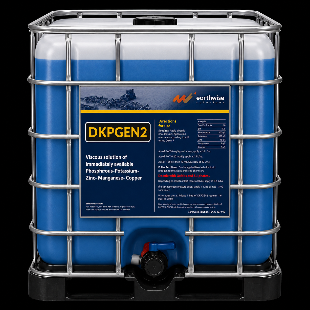 A blue industrial chemical storage tank with a black cap on top and a tap at the bottom. The tank has a label with product information including the brand name Earthwise Solutions and product code DKPGN2.
