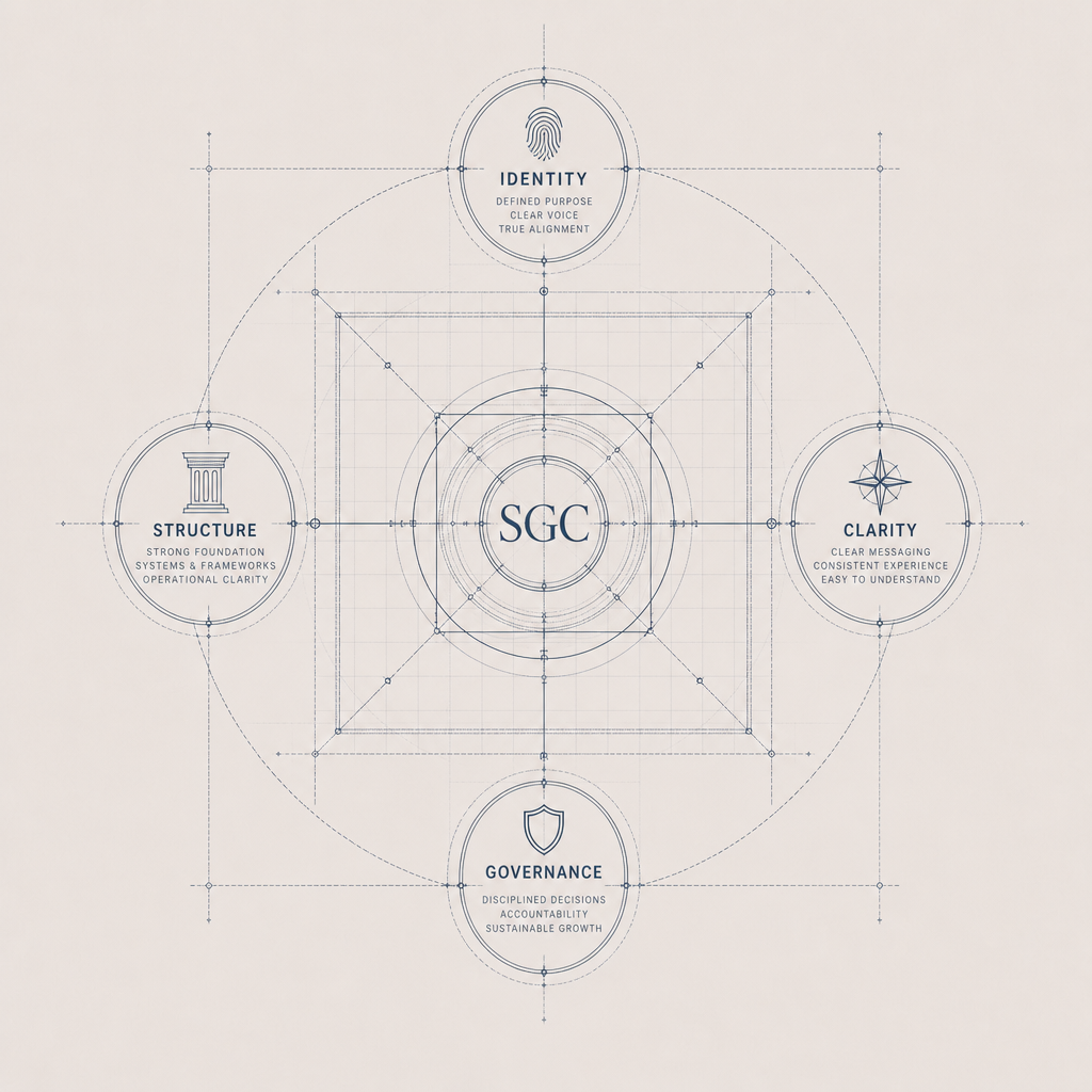 A blueprint-style diagram with the letters 'SGC' in the center, surrounded by four circles labeled 'Identity,' 'Clarity,' 'Governance,' and 'Structure,' each with descriptive text and icons, connected by lines and geometric shapes.