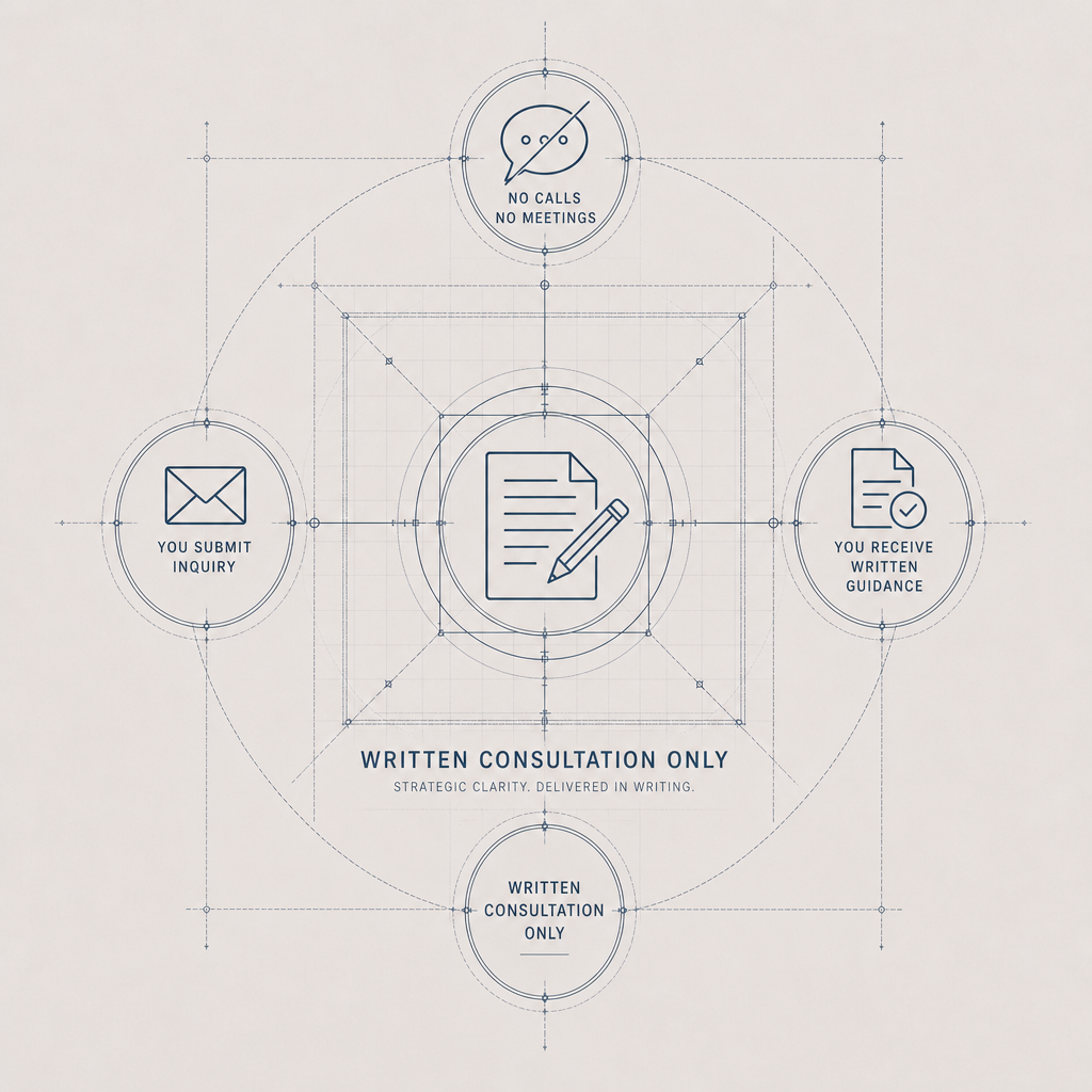Diagram illustrating a process flow for written consultation services, including steps such as submitting an inquiry, receiving written guidance, and the rule of no calls or meetings.