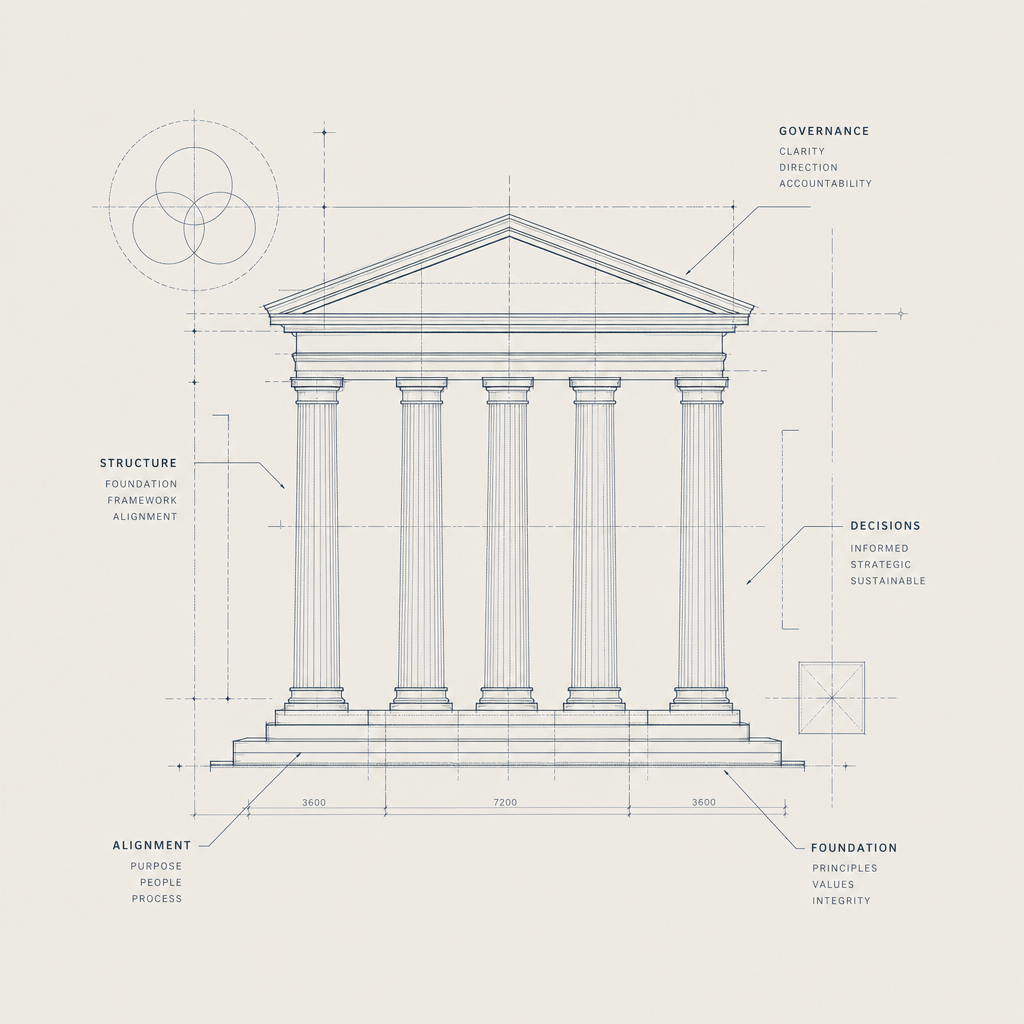Blueprint drawing of a classical building with columns and a triangular pediment, with labels for governance, structure, decisions, foundation, and alignment.