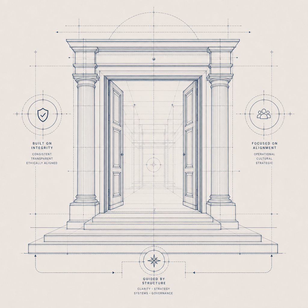 Blueprint drawing of an open door framed by classical architecture with pillars and steps, featuring annotations about integrity, alignment, and governance.