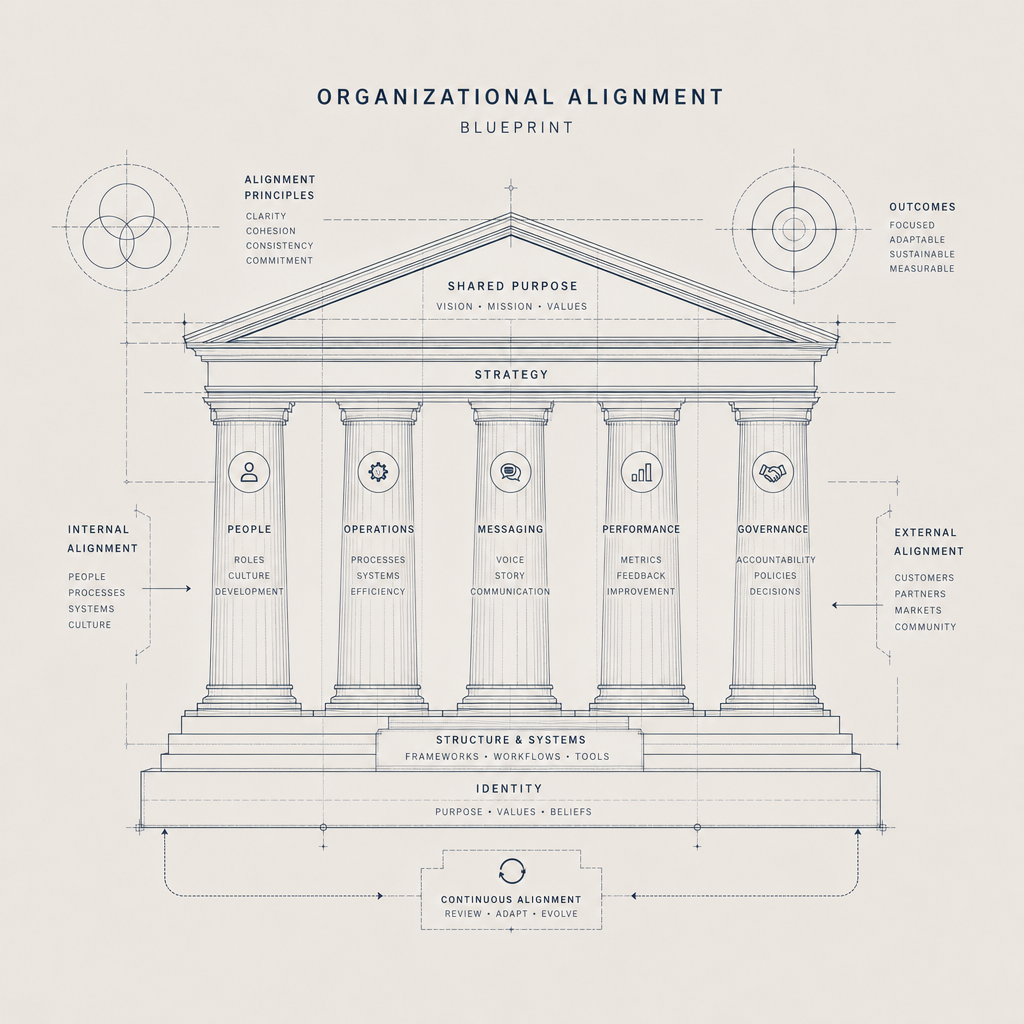 Blueprint illustration of organizational alignment featuring pillars labeled People, Operations, Messaging, Performance, and Governance supporting a structure with shared purpose, strategy, and alignment principles, including external and internal alignment, structure, identity, and continuous improvement.