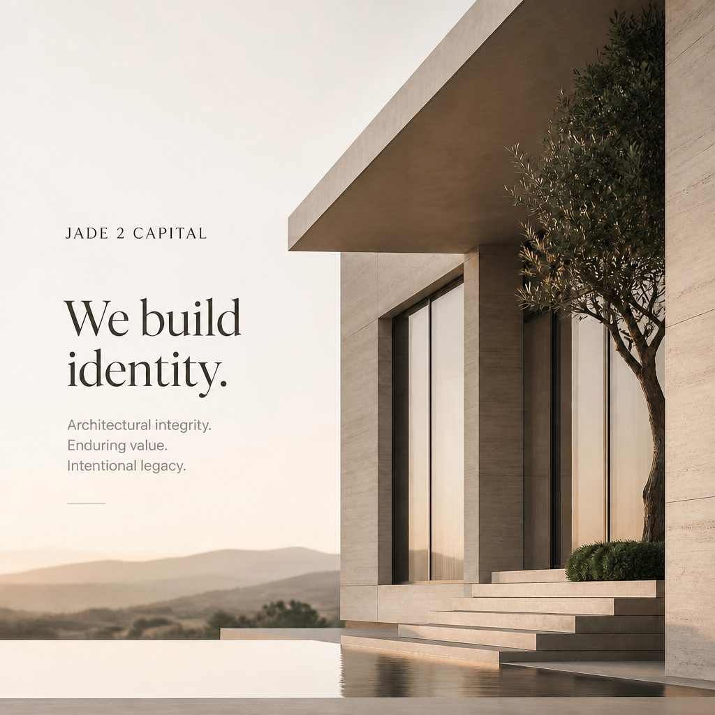 Modern building exterior with steps, large windows, tree, and landscape at sunset, with text advertising architecture company Jade 2 Capital.