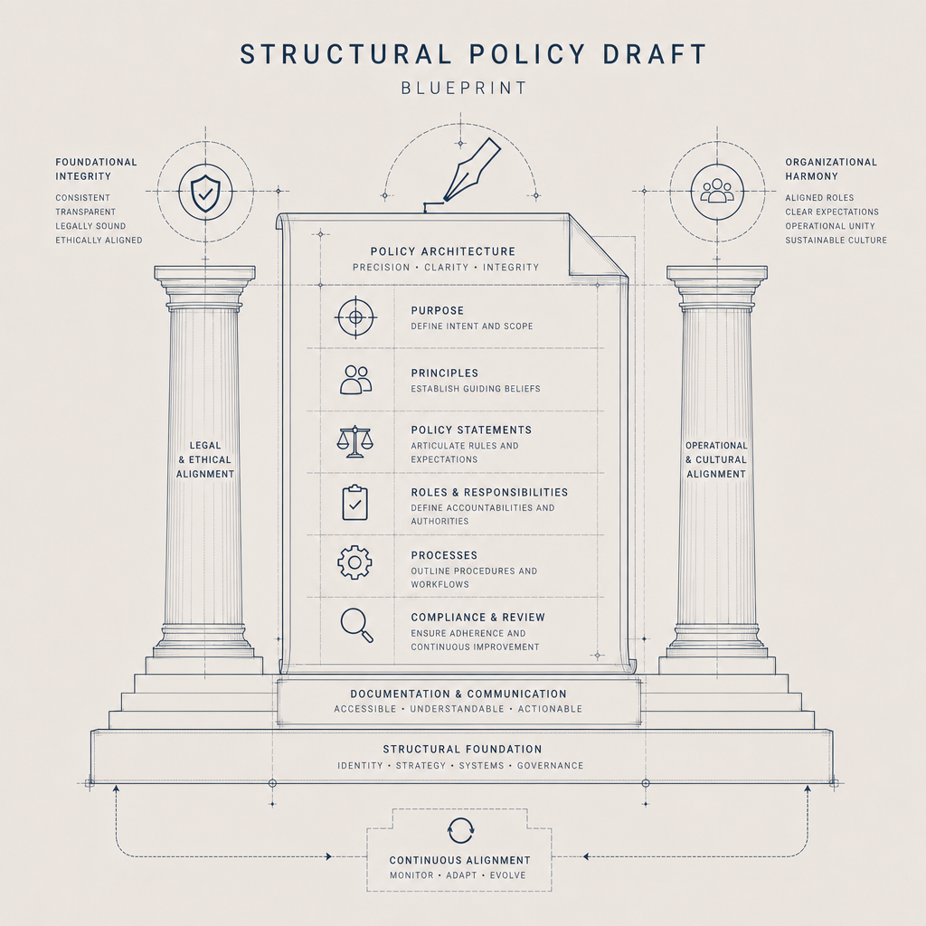 Diagram of a blueprint for a structural policy draft, featuring a central column with sections on policy architecture, purpose, principles, statements, roles, processes, and review, flanked by two pillars labeled 'Legal & Ethical Alignment' and 'Operational & Cultural Alignment,' with foundational elements including a structural foundation and continuous alignment.