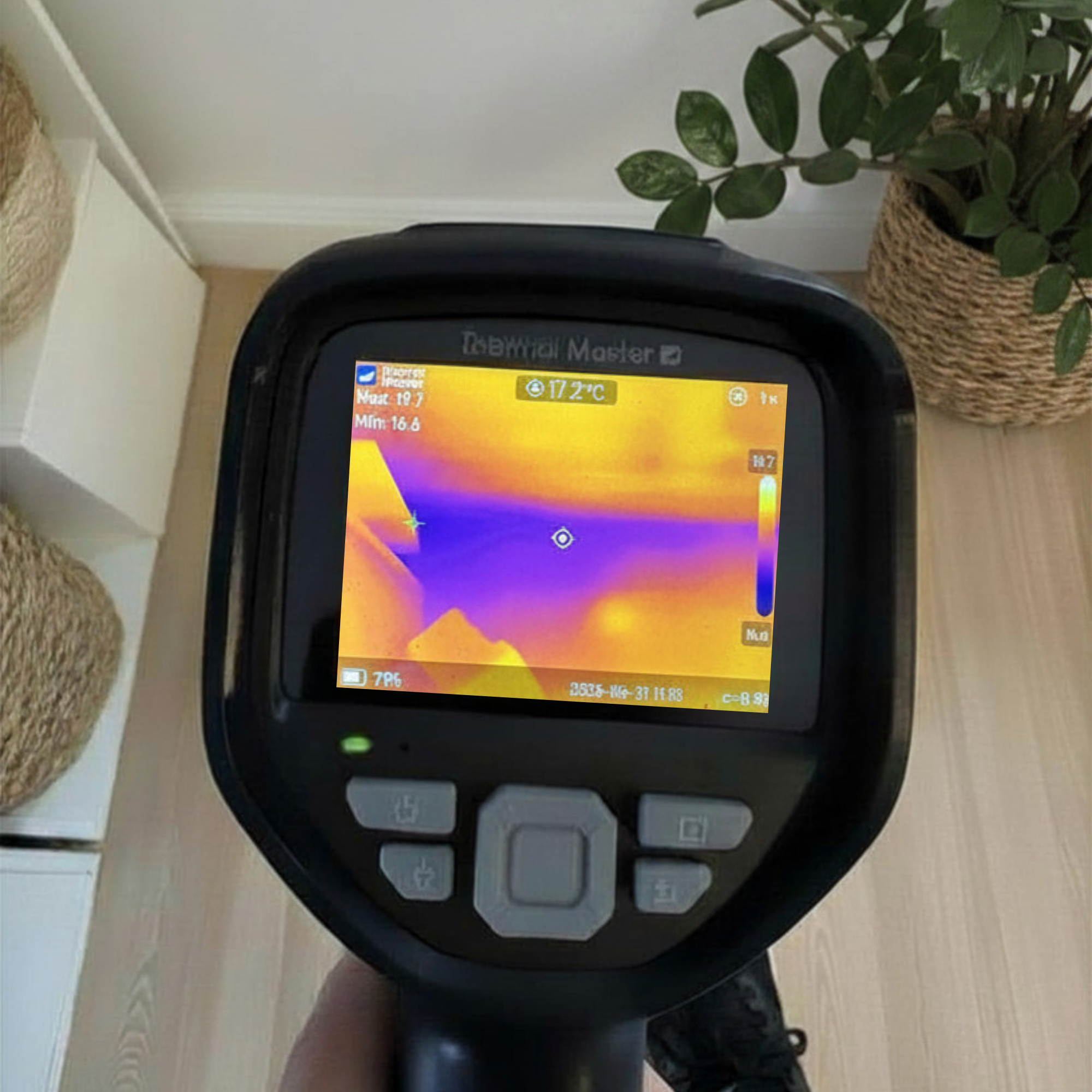 A thermal camera displaying colorful thermal map on its screen, placed next to a potted plant with green leaves in a woven basket, on a wooden floor near a white wall.