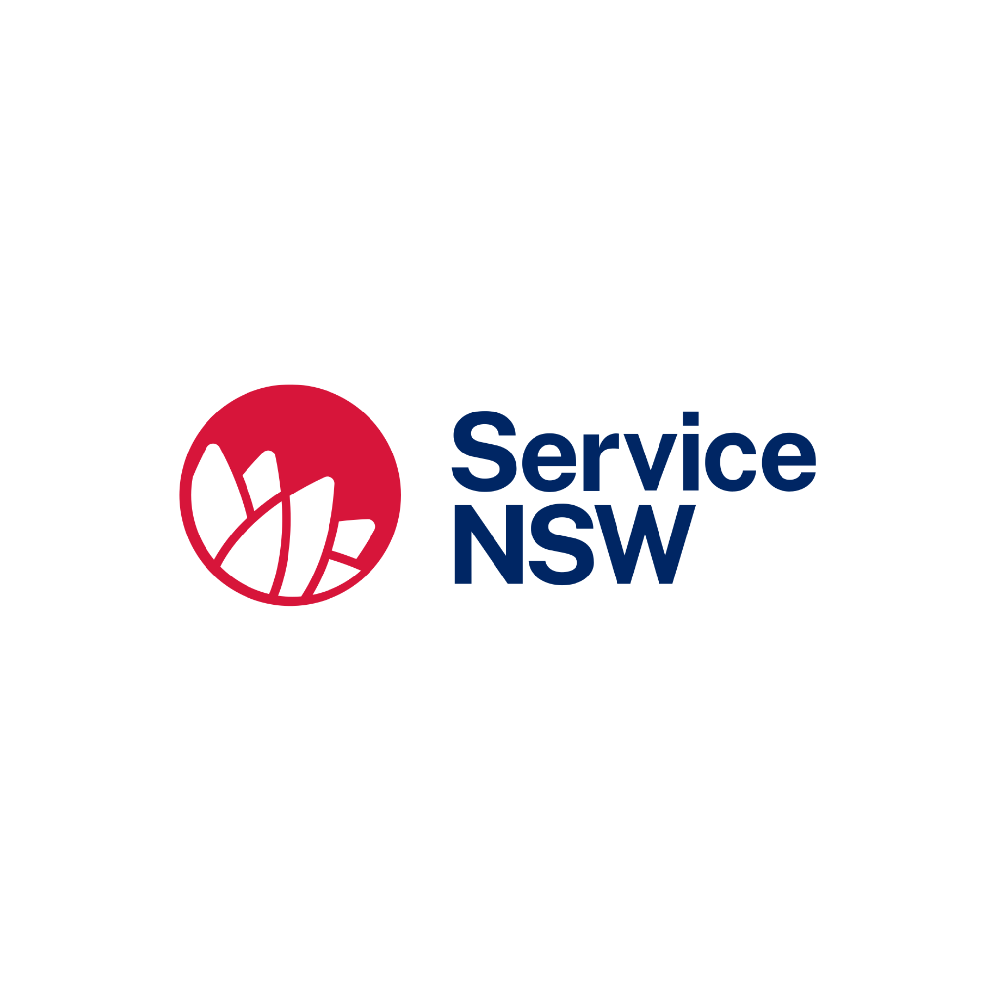 NSW Service logo with a red circular emblem featuring a white abstract shape, and the text 'Service NSW' in navy blue.