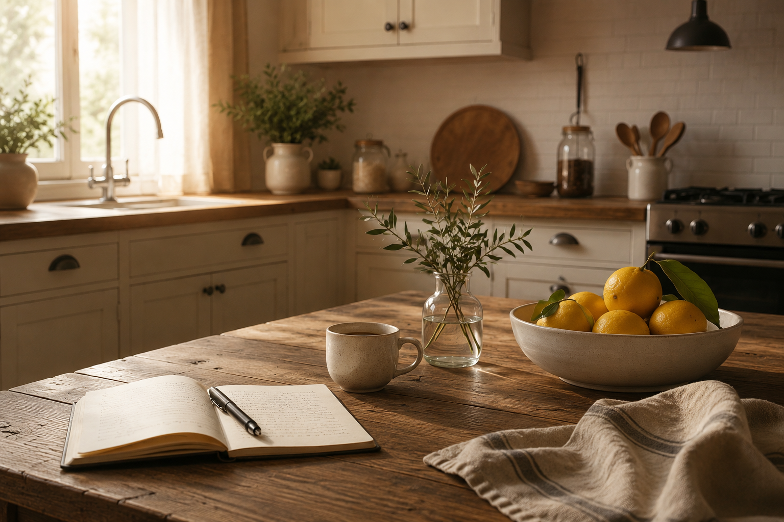 Tavolo in legno nella cucina de La Casa di Agnese con una tazza di caffè, un libro aperto, una penna, limoni e foglie verdi, simbolo di condivisione e racconti.