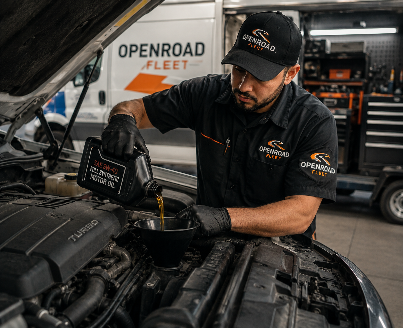 A mechanic wearing a black shirt and hat with "OpenRoad Fleet" logo pouring synthetic motor oil into a car engine inside a garage with work tools and a fleet vehicle in the background.