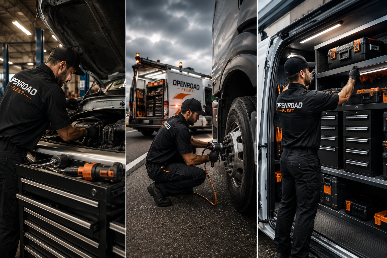 A mechanic working on a car engine, a worker fixing a large truck tire on the road, and a technician organizing tools inside a service van, all wearing uniforms with 'OpenRoad Fleet' logos.