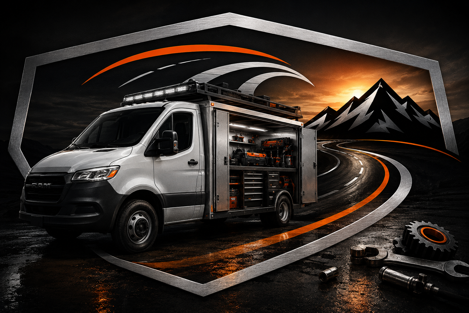 A service van with an open side compartment filled with tools and equipment, parked on a dark road with a mountain and sunset backdrop, and a digital overlay of gear and mechanical parts.