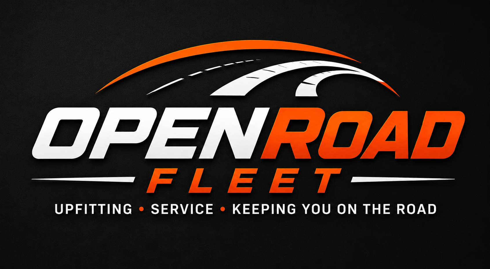 Logo for Open Road Fleet featuring a stylized road and horizon in orange and white on a black background, with the slogan 'Uplifting, Service, Keeping You on the Road'.