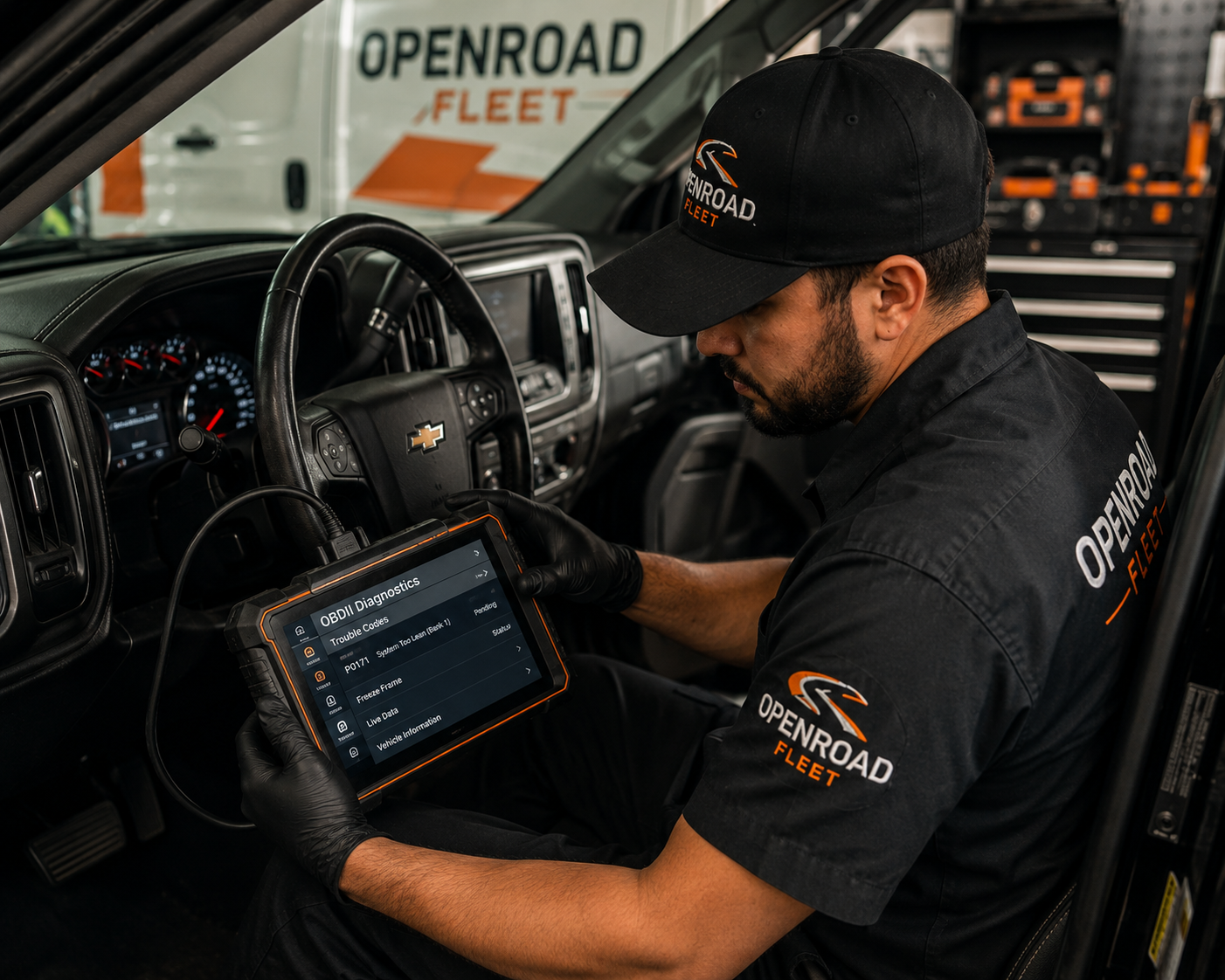 A man wearing a black OpenRoad Fleet cap and shirt is working inside a vehicle, using a handheld diagnostic tool that displays OBDII diagnostics on its screen.