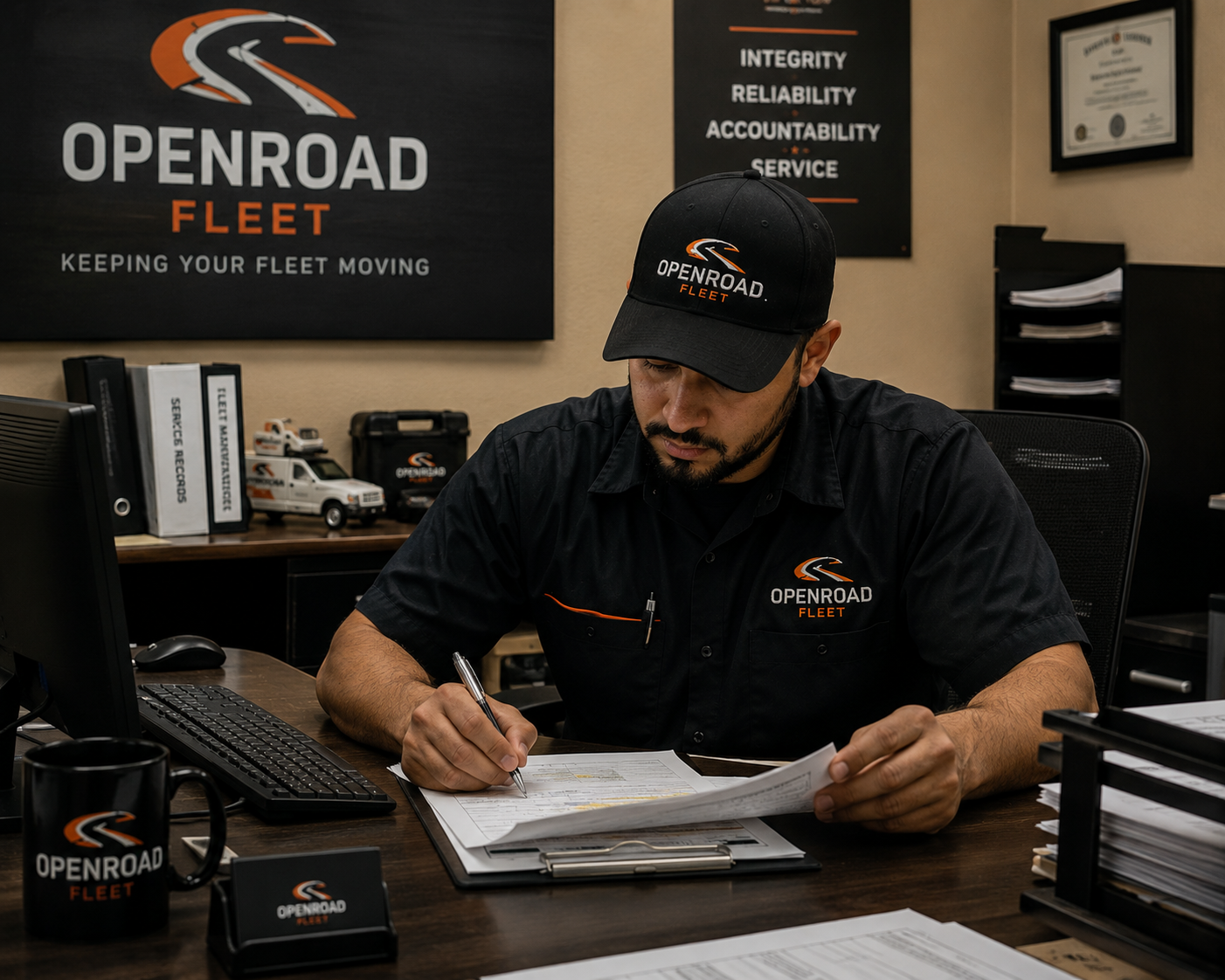 A man working at a desk in an office, wearing a black cap and shirt with the OpenRoad Fleet logo. The office has signs with the company's values and a poster on the wall, with files, office supplies, and branded items on the desk and shelves.