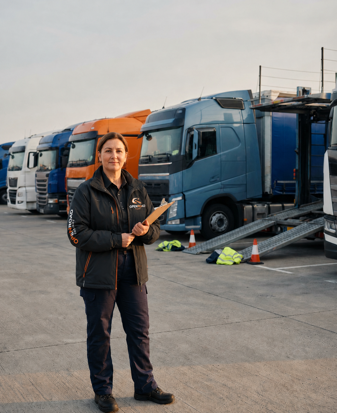 A woman standing in front of a row of large trucks holding a clipboard, wearing a jacket with OpenRoad branding, in a truck yard with safety cones and high visibility vests on the ground.