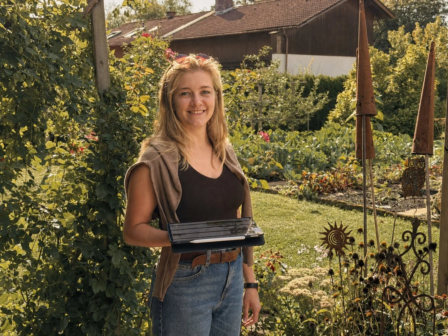 Eine lachende Frau steht in einem Garten mit Pflanzen, Blumen und GartenDekorationen, hält eine schwarze Mappe oder ein Tablet, trägt Jeans, ein schwarzes Shirt und eine braune Weste.