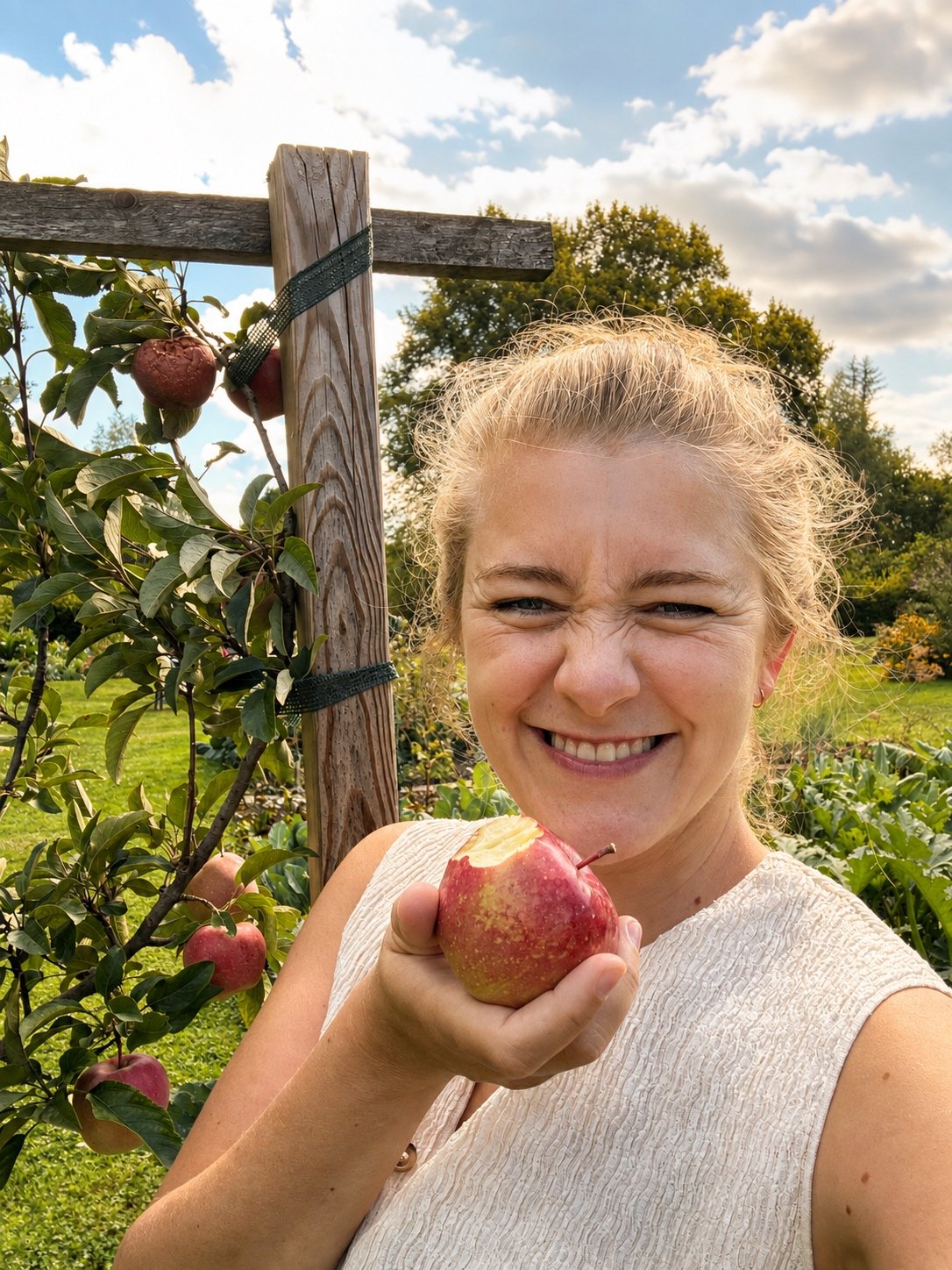 Eine lachende Frau hält einen roten Apfel mit einem Biss darin, im Freien auf einem Apfelgarten. Im Hintergrund sind Apfelbäume und eine Holzzäunung zu sehen, bei sonnigem Himmel mit Wolken.