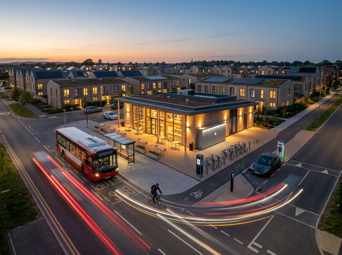 A modern neighborhood mobility hub at dusk with single-family homes and a central community center, featuring a bus stop, bicycles, an electric vehicle charging station, red and white light trails from moving vehicles, and a cyclist on the road.