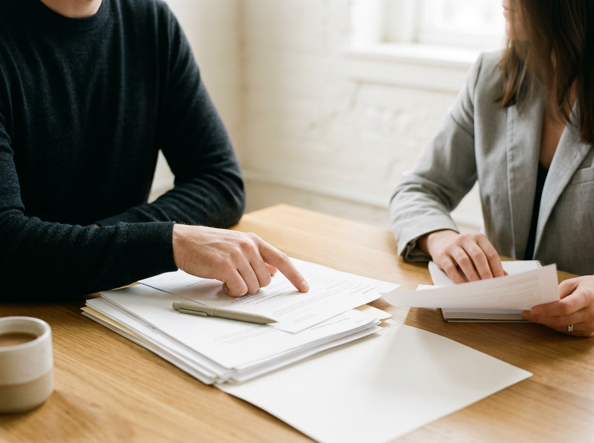 Two colleagues collaborating at a desk, reviewing and discussing documents. One person is pointing to a sheet with a pen nearby, while the other holds additional papers. There is a coffee mug on the table.