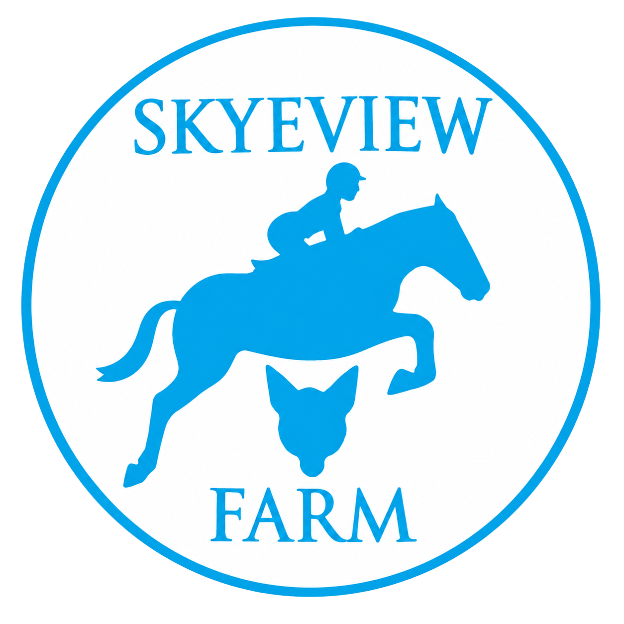 Skyview Farm logo featuring a blue silhouette of a person riding a horse inside a white circle with blue border and the words Skyview Farm above and below.