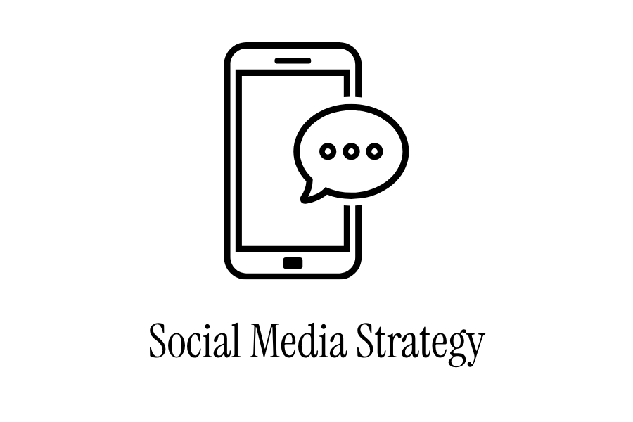 Black outline of a smartphone with a speech bubble containing three dots, and the text "Social Media Strategy" below.