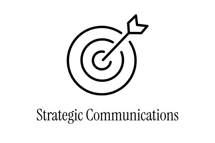 A black line drawing of a target with an arrow hitting the bullseye, with the words "Strategic Communications" underneath.