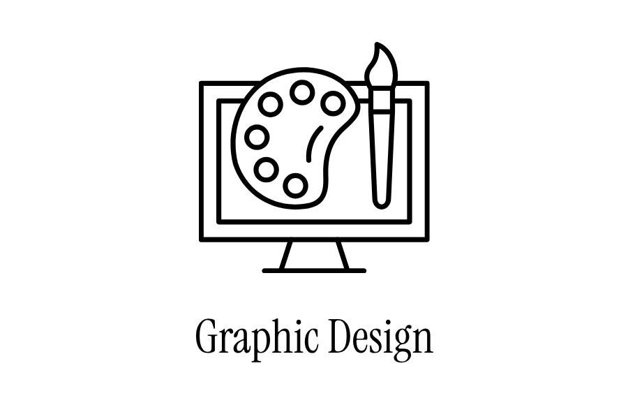 Line drawing of a computer screen displaying an artist's palette and paintbrush, with the text 'Graphic Design' underneath.
