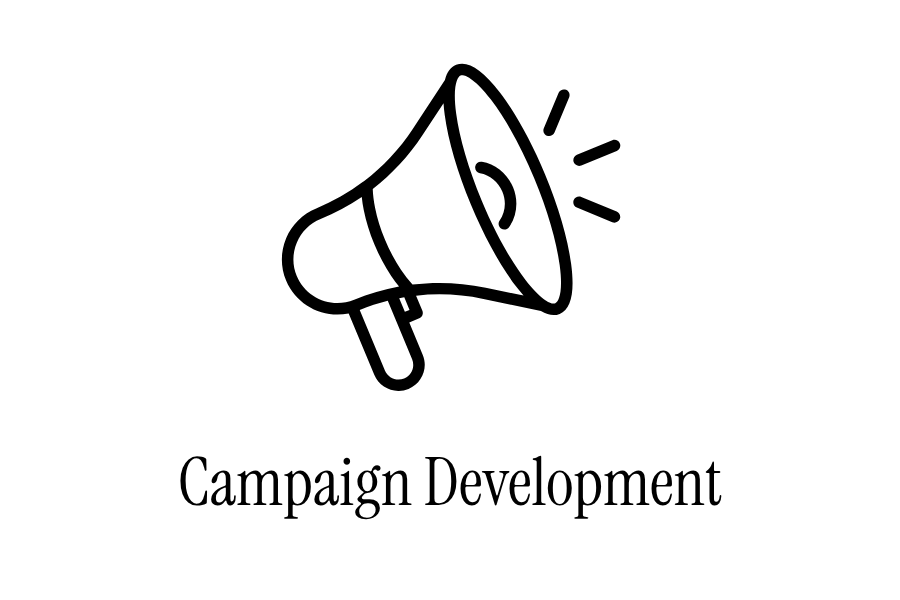 Line drawing of a megaphone with sound lines, above the text 'Campaign Development'.