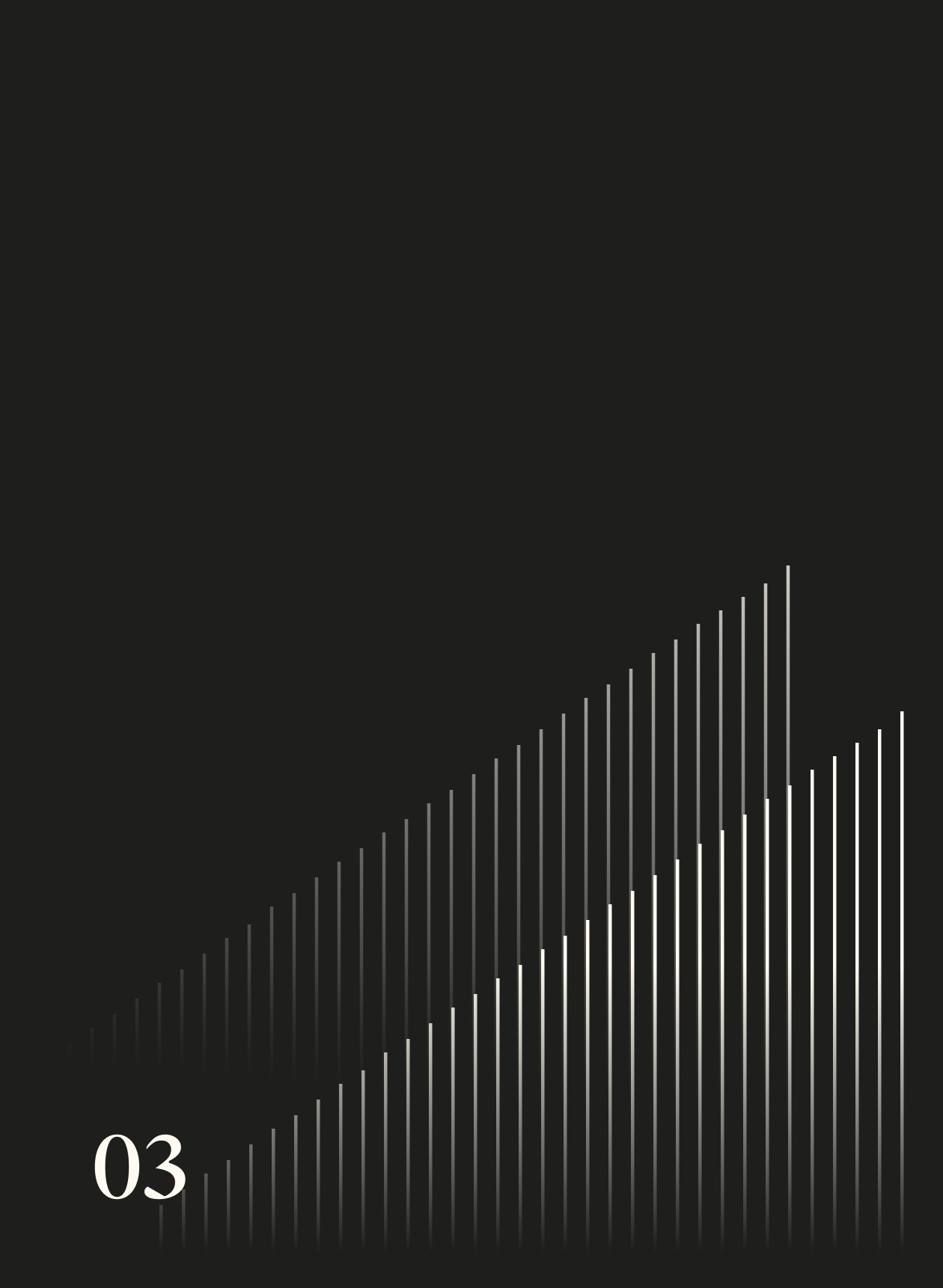 A black background with a white numbered '03' at the bottom left corner; a diagonal pattern of thin vertical white lines rising from left to right across the lower part of the image