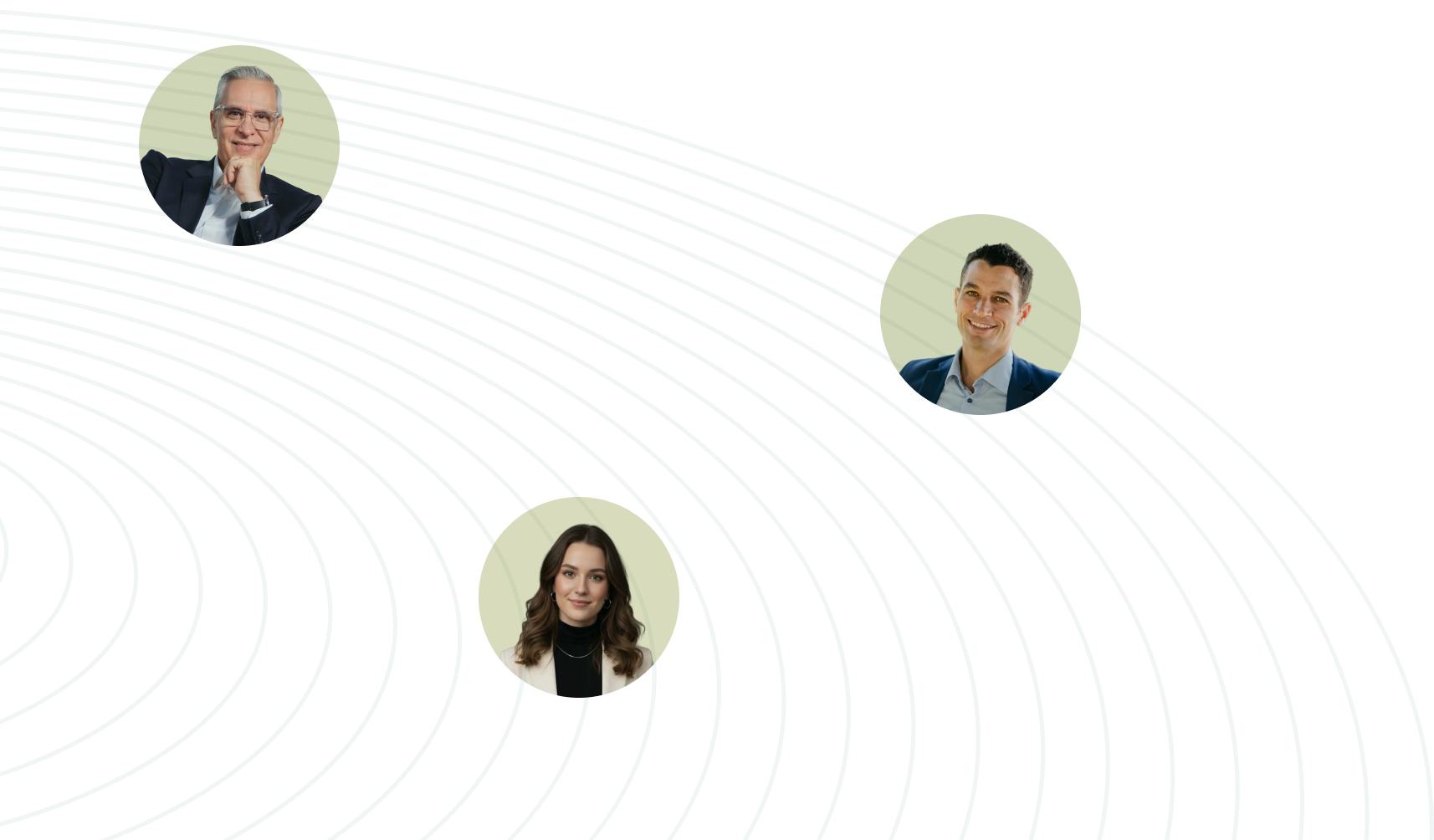 Digital illustration of three diverse business professionals connected by colorful abstract lines and shapes.