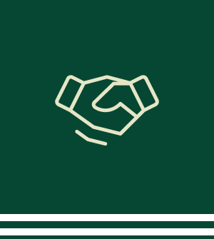 A white line drawing of a handshake on a dark green background.