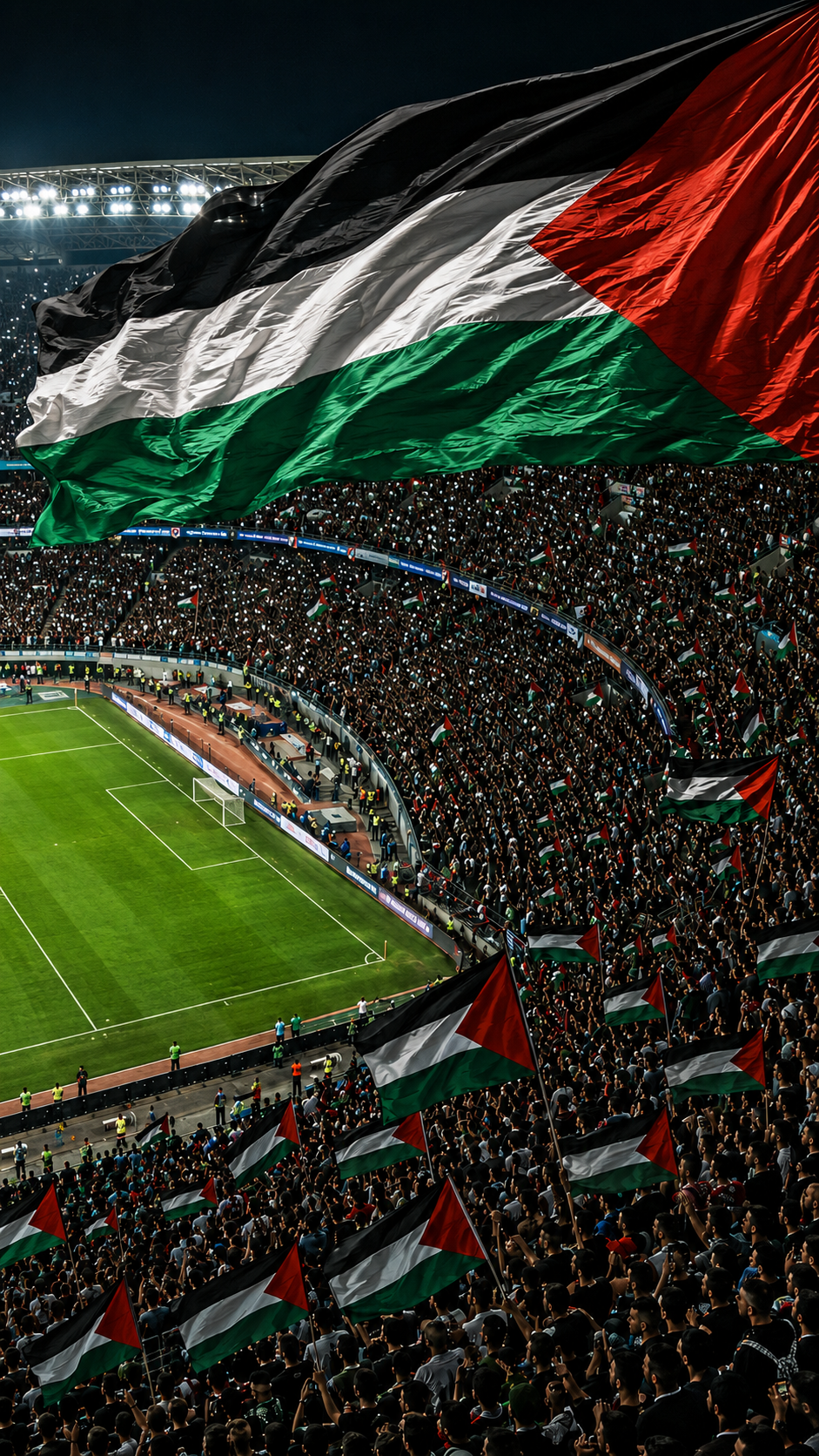 A large crowd of sports fans in a stadium, waving Palestinian flags during a night match.