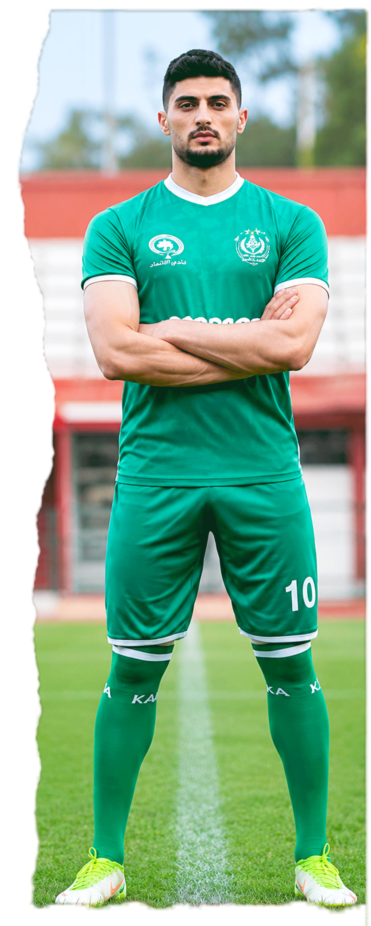 A male soccer player in a green uniform standing on a soccer field with arms crossed, facing forward, with stadium seating and trees in the background.