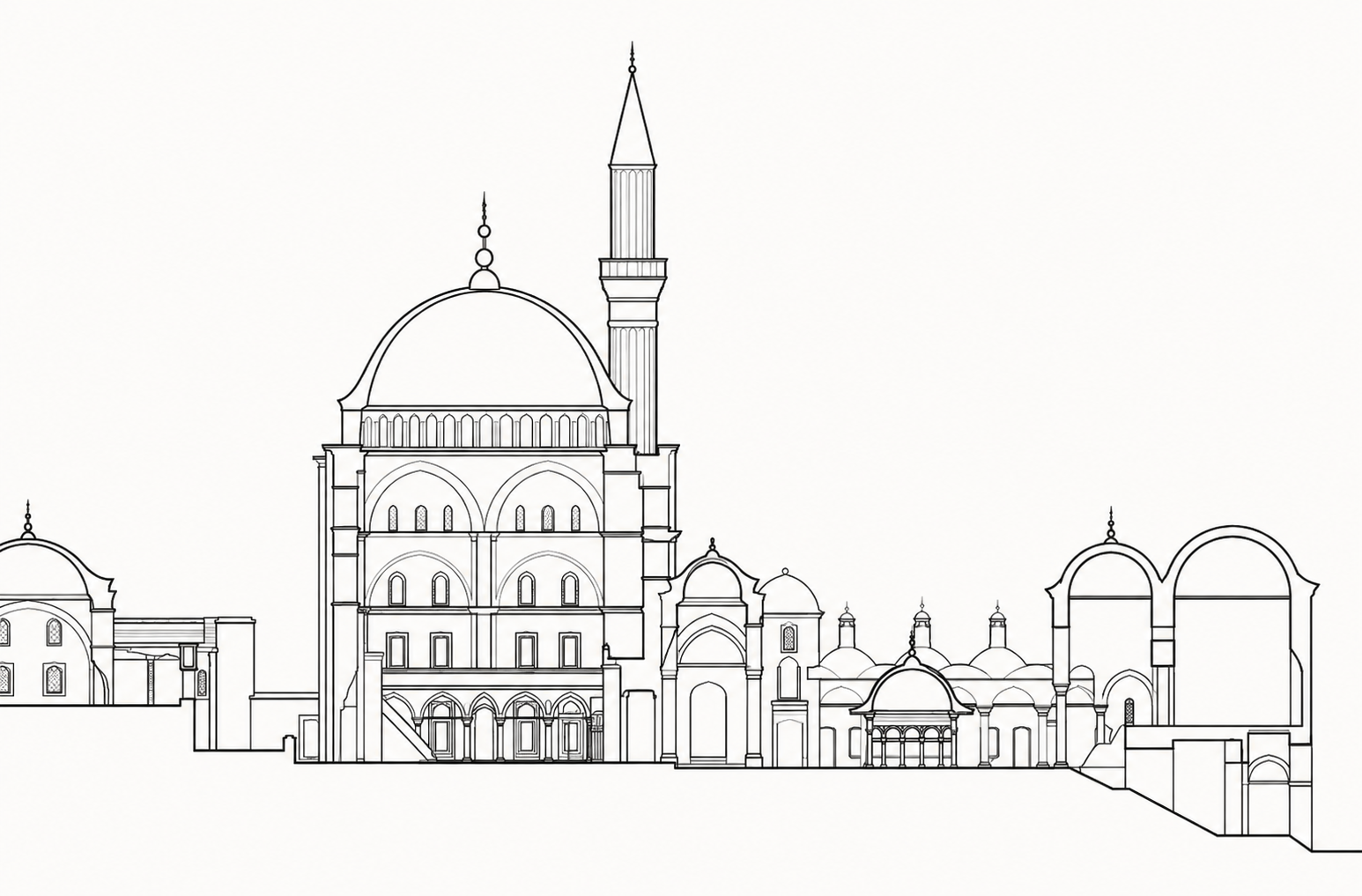 Line drawing of a historic mosque of Gaza with domes and minarets, featuring detailed architectural elements.