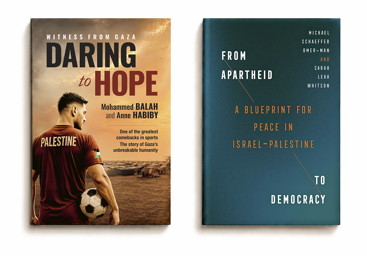 Two books on a white surface. The left book titled "Daring to Hope" features a man in a red sports jersey with "Palestine" printed on the back, holding a soccer ball, with a paraphrased desert landscape and sunset background. The right book titled "From Apartheid to Democracy" is dark teal with orange and white text, discussing peace in Israel-Palestine.