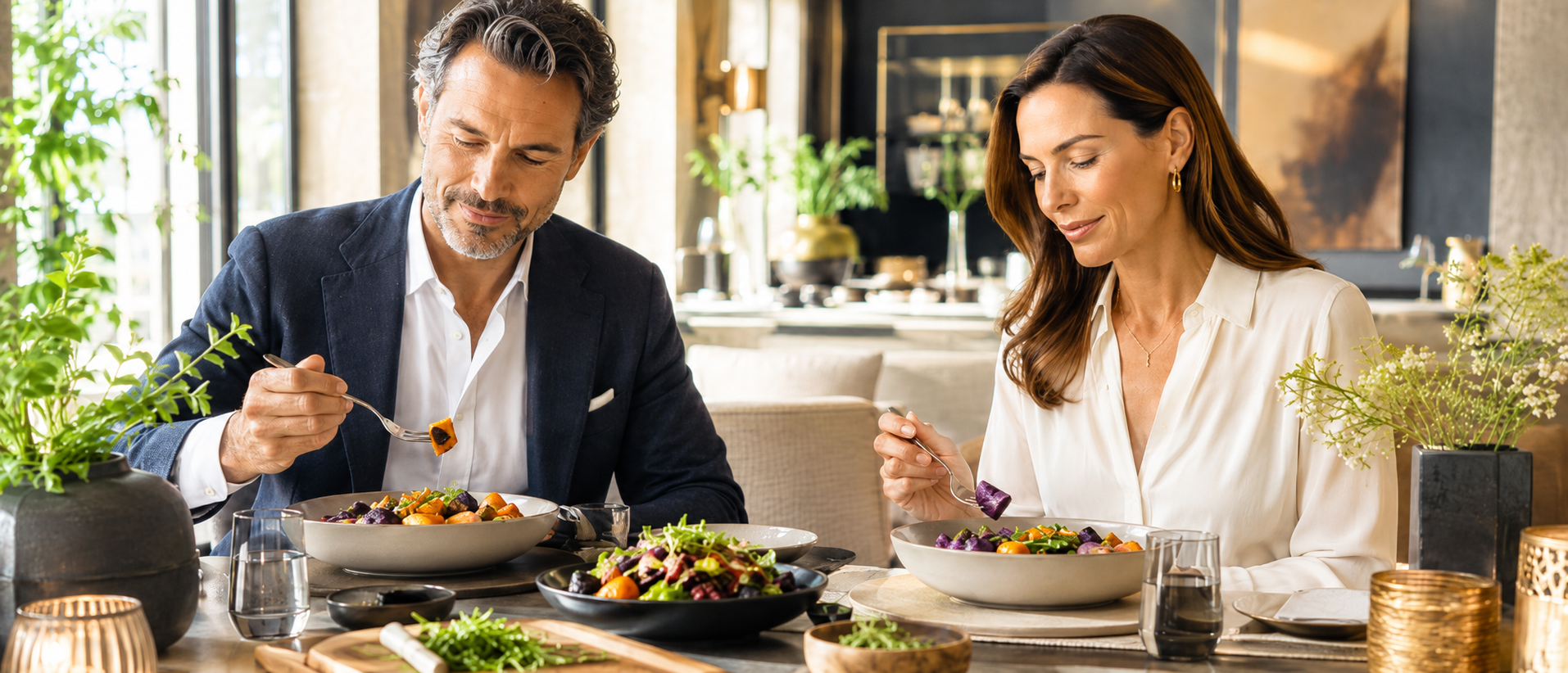 A man and a woman dining and enjoying salads in a bright, modern restaurant with natural light.