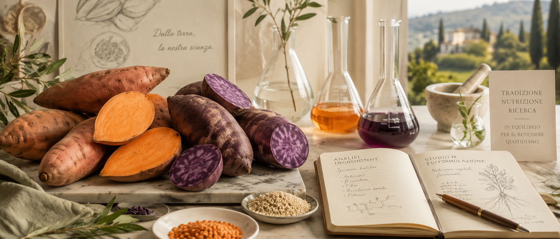 A table with sweet potatoes, purple yams, and ingredients, glass flasks with liquids, a mortar and pestle, an open notebook with handwritten notes and sketches, and a card with Italian text in a room with natural light and a scenic landscape outside.