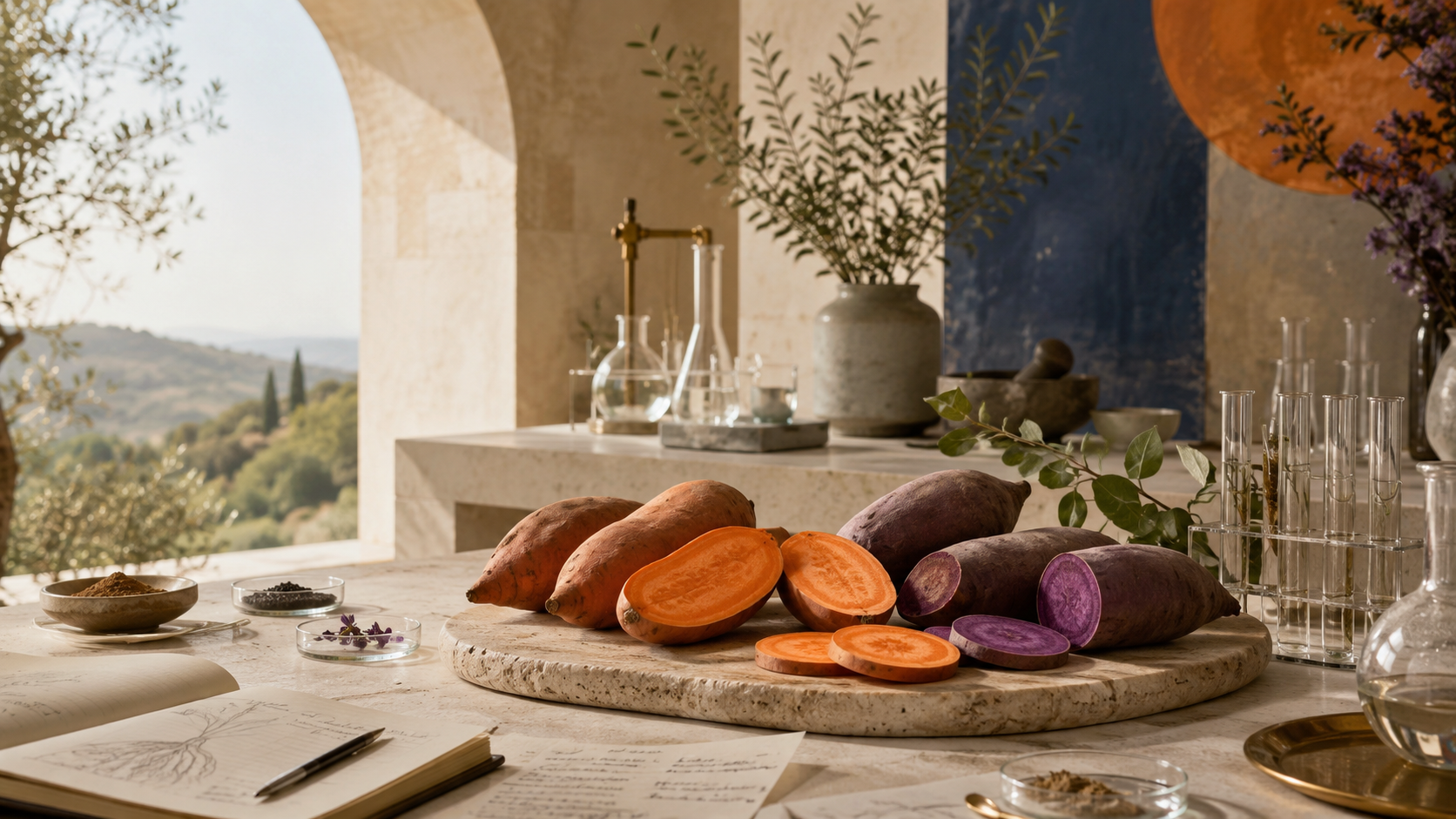 Interior of a kitchen or dining area with sliced and whole sweet potatoes, botanical drawings, glass test tubes, bowls, vases with flowers, and a view of a scenic landscape through an arched window.