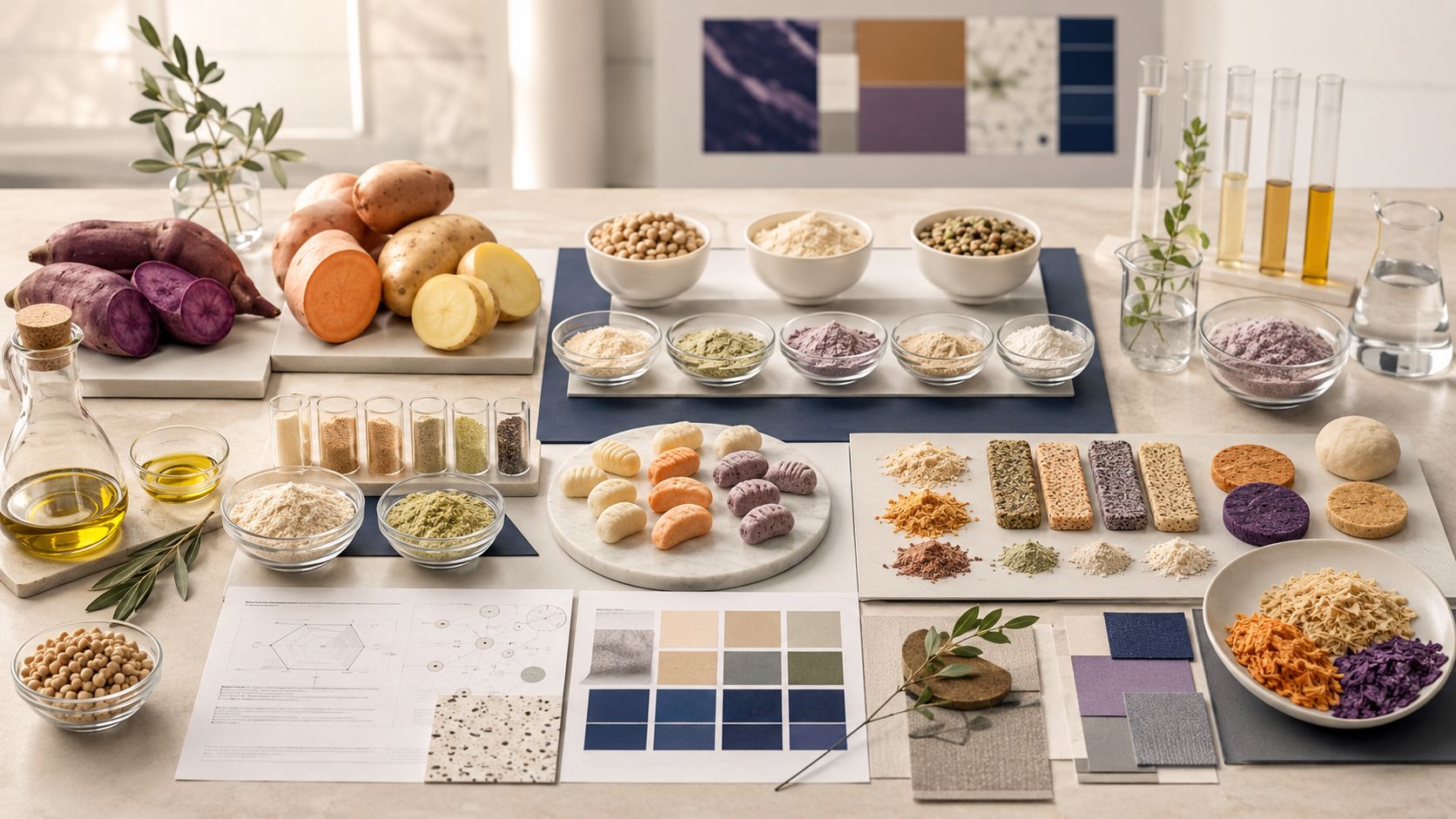 An interior workspace with various plant-based food ingredients, powders, grains, and color swatches arranged on tables and boards, possibly for plant research or food development.