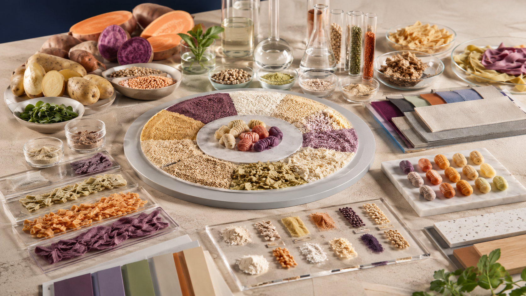 Array of colorful pasta types, spices, herbs, vegetables, and ingredients for pasta making, arranged on a table with a pasta wheel in the center and various bowls and containers surrounding it.