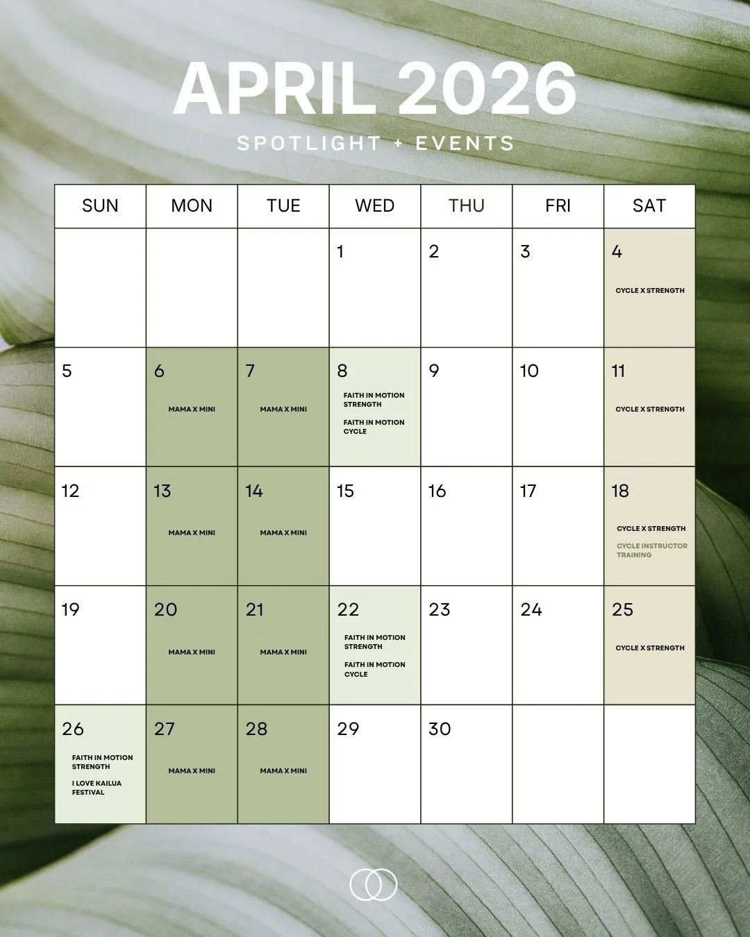 April Calendar!
We have added new class times, speciality classes, and more!

*Faith in Motion Cycle* starting Wed 4/8
*Mama x Minis* every week!
* Cycle Instructor Training * April 18th