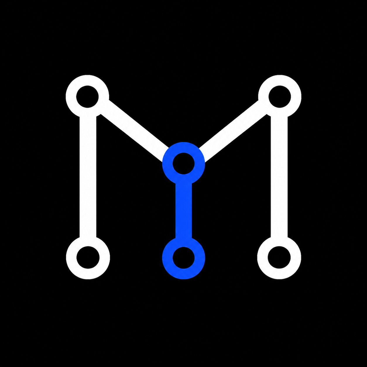 Digital representation of a graph with five connected circles, three in white and two in blue, on a black background
